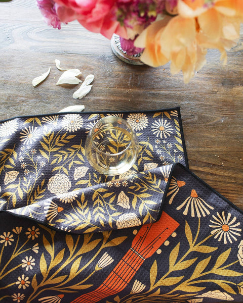 Dinner Music Kitchen & Tea Towel featuring a floral design with a guitar, perfect for home cooking.
