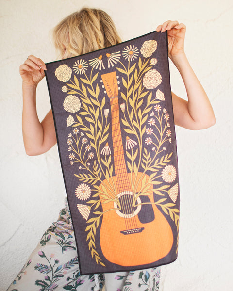 Dinner Music Kitchen & Tea Towel featuring guitars and flowers, perfect for any home-cooked meal.