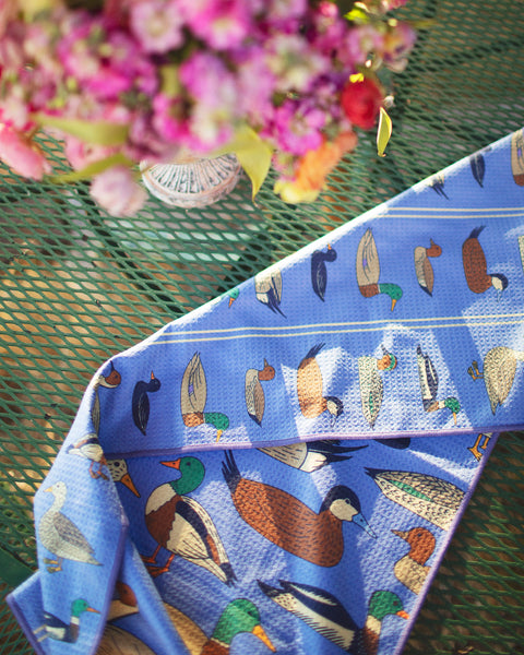 Ducks In A Row Kitchen & Tea Towel showcasing colorful duck designs on a blue background.