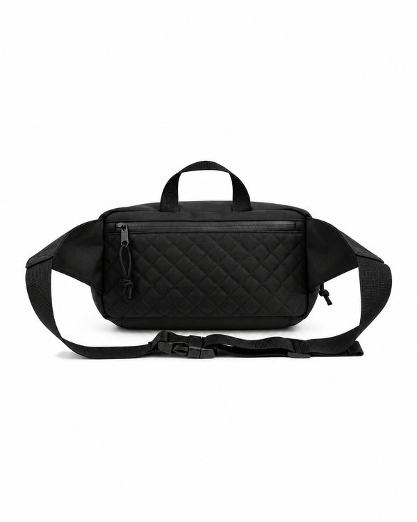 Black Everyday Fanny Pack (Eclipse) featuring waterproof zippers, quilted back, and versatile strap; perfect for errands and travel.