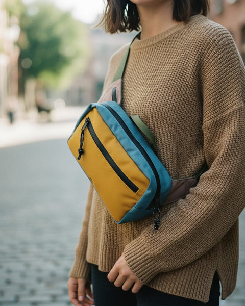 Woman wearing Everyday Fanny Pack (Golden Hour) on a city street