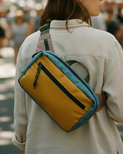 Woman wearing Everyday Fanny Pack (Golden Hour) as a crossbody sling with waterproof zippers and spacious 2.3L capacity