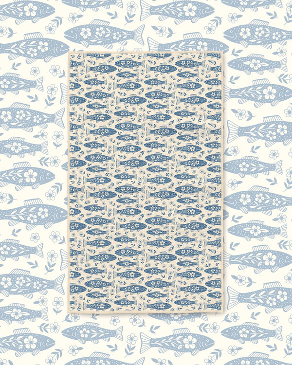 Floral Trout Kitchen & Tea Towel with vibrant fish pattern, eco-friendly design and super absorbent fabric.