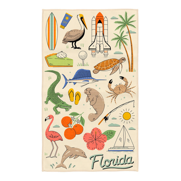 Florida Kitchen & Tea Towel with vibrant Florida-themed illustrations of wildlife, surfboard, and NASA shuttle.