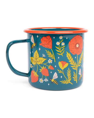 Trek Light Garden Buzz Enamel Mug 16oz, colorful floral and bee design, perfect for outdoor adventures. Durable and lightweight.