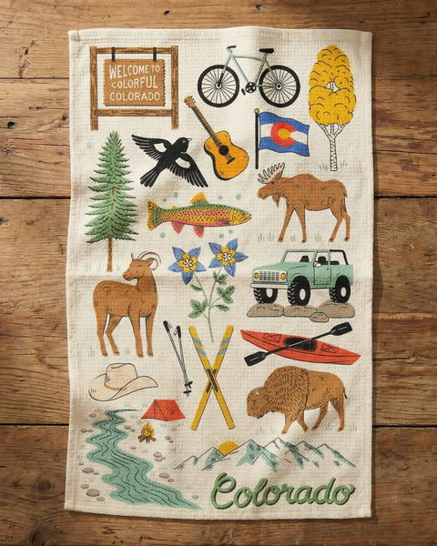 Colorful design depicting Colorado landscapes and wildlife on a Colorado Kitchen & Tea Towel, 18 x 30 inches.