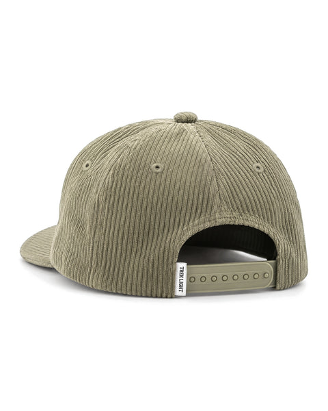 Back view of the Grateful Every Day Hat, an olive green corduroy cap with a snap strap and small woven label, on white.