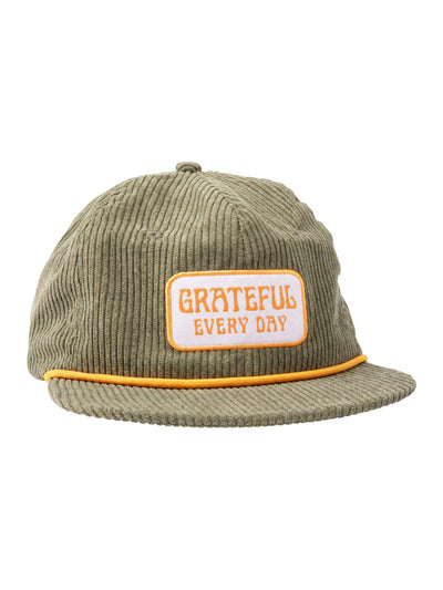 Trek Light Grateful Every Day green corduroy snapback hat with flat brim and stylish vent holes.