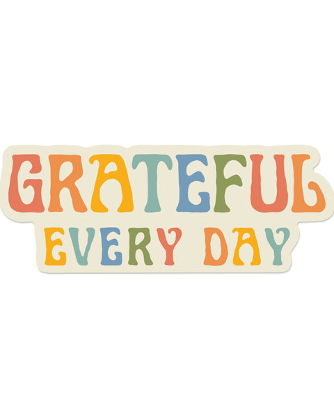 Grateful Every Day Sticker with retro multicolor lettering in orange, yellow, teal, blue and green on cream, on white