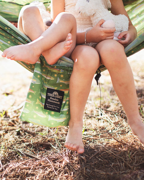 Double Hammock & Pro Hanging Straps (River Trout Print) in use with kids enjoying nature.