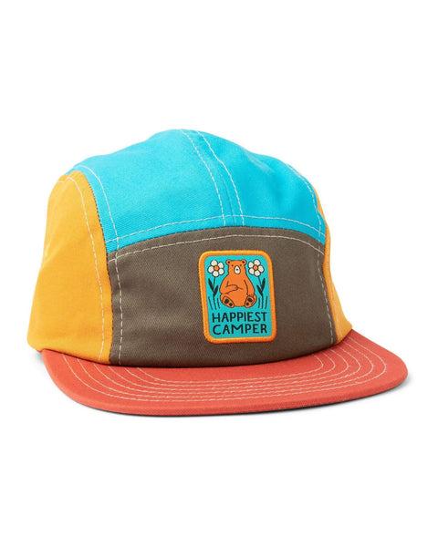 Happiest Camper Kids Hat with colorful panels and bear patch, perfect for young adventurers by Trek Light.