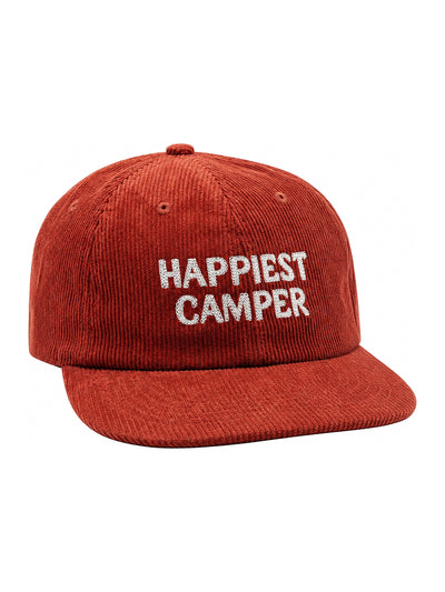 Red corduroy hat with 'Happiest Camper' embroidery, adjustable fit for comfort, showcasing style and sustainability.