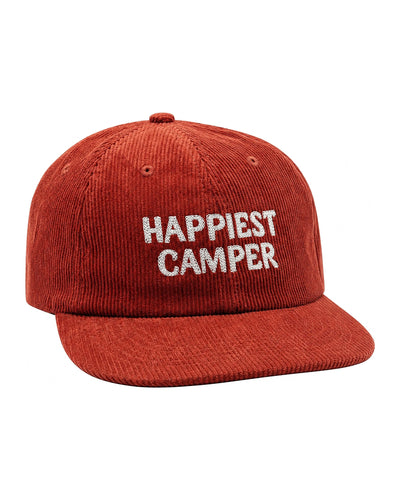 Red corduroy hat with 'Happiest Camper' embroidery, adjustable fit for comfort, showcasing style and sustainability.