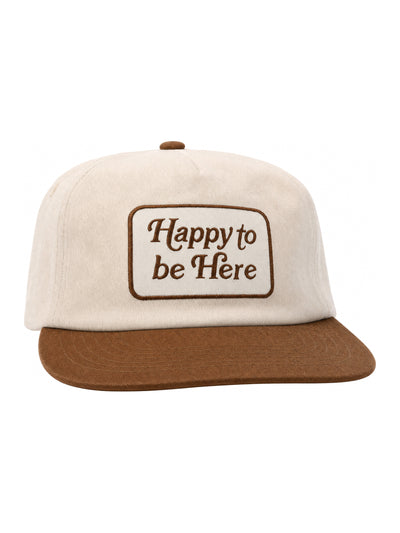 Happy To Be Here Hat featuring a beige cap with brown brim and embroidered text.