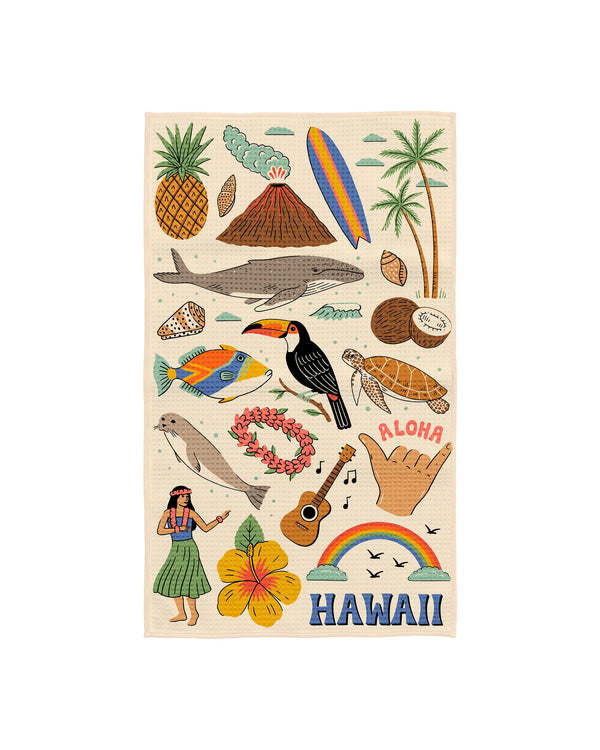 Hawaii kitchen tea towel with illustrated pineapple, volcano, surfboard, palm trees, whale, toucan, sea turtle, hula dancer
