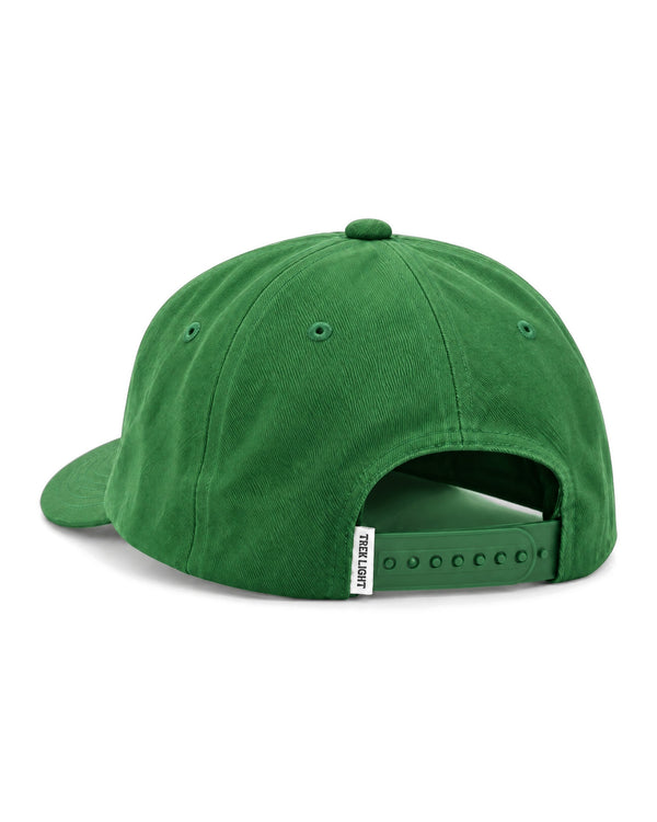 Back view of the Homegrown Dad Hat in Tractor Green, a twill cap with a snap strap, on white.