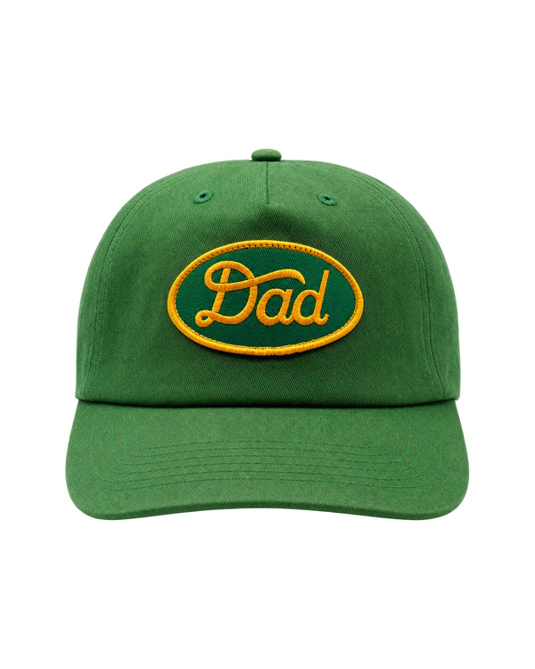 Homegrown Dad Hat (Tractor Green) featuring embroidered 'Dad' design on a low-profile flat-brim cap.