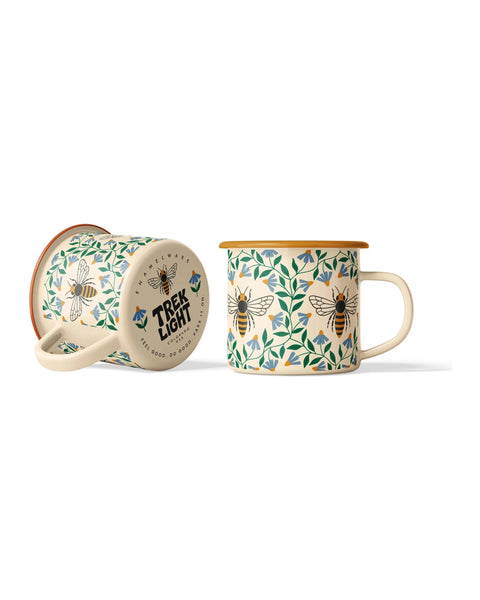 Honey Bee Enamel Mug 16oz with vintage honey bee design, lightweight enamelware for home and camp use, 16oz capacity.