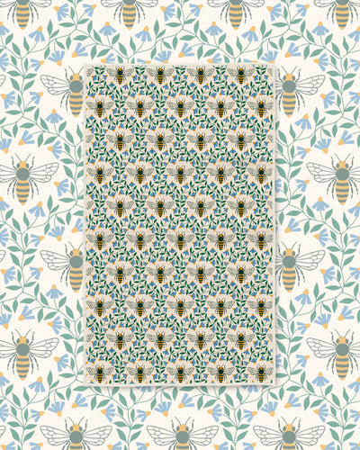 Honey Bee Kitchen & Tea Towel with honey bees among green leaves and blue flowers