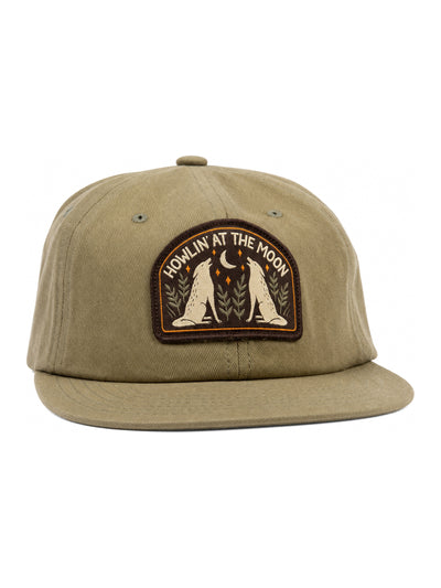Howlin' At The Moon Hat by Trek Light, olive green cap with unique patch design for outdoor enthusiasts and wild explorers.