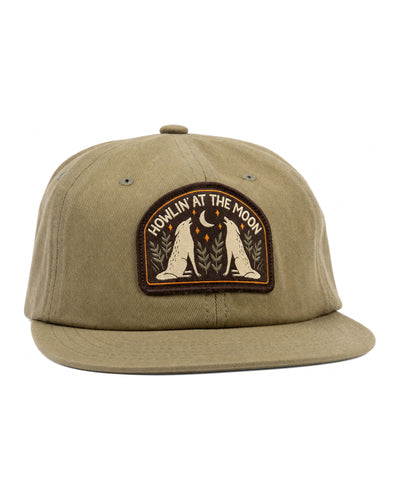 Howlin' At The Moon Hat by Trek Light, olive green cap with unique patch design for outdoor enthusiasts and wild explorers.