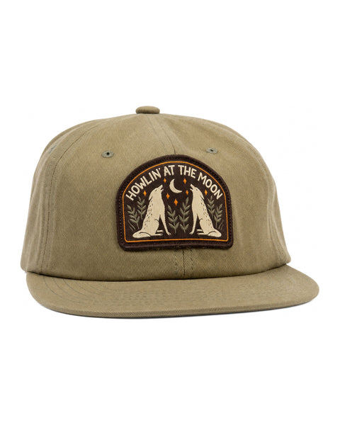 Howlin' At The Moon Hat by Trek Light, olive green cap with unique patch design for outdoor enthusiasts and wild explorers.