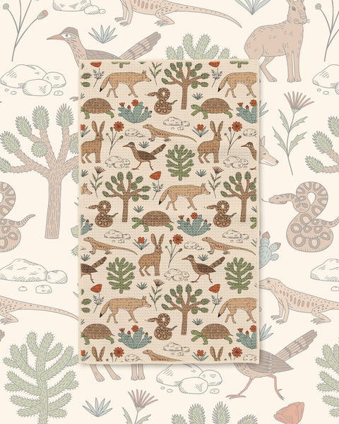 Joshua Tree Kitchen & Tea Towel with Joshua trees, hares, roadrunners and tortoises in earth tones on cream