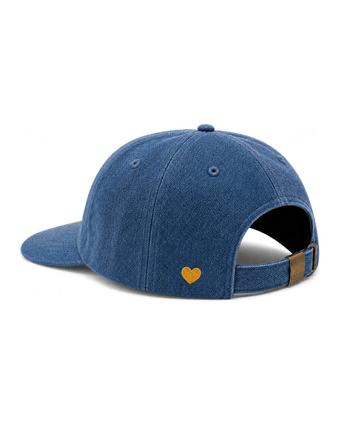 Blue denim baseball cap with a small yellow heart logo on the back, stylish and casual accessory.