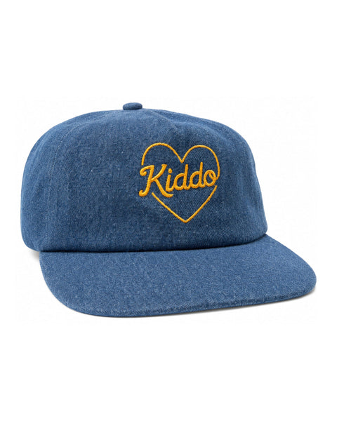 Blue denim cap with yellow 'Kiddo' heart embroidery, perfect for trendy kids' fashion.