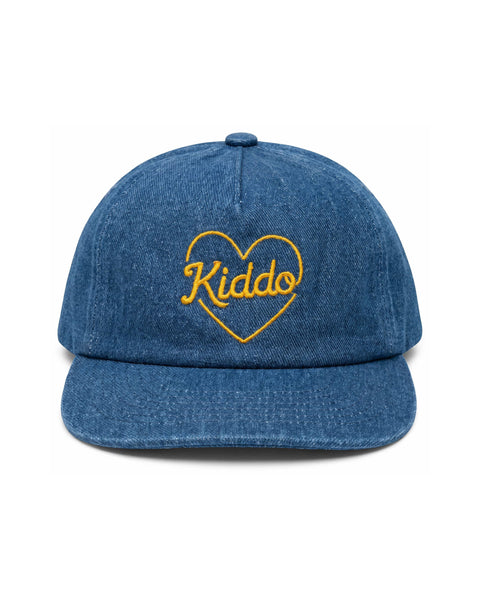 Blue denim cap with yellow "Kiddo" embroidery in heart design, perfect for stylish kids' fashion.