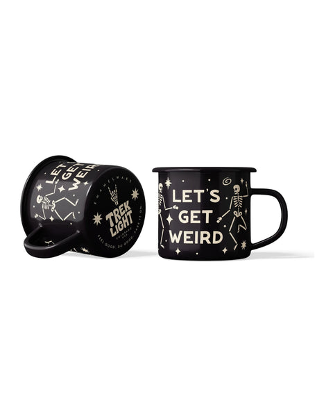 Let's Get Weird Mug - Enamel 16oz Mug featuring a fun skeleton design and a vintage look, perfect for cozy mornings.