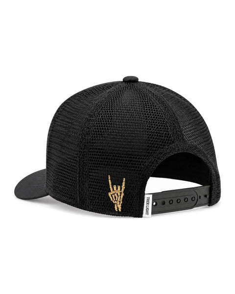 Back view of the Let's Get Weird Hat, a black mesh trucker cap with a gold skeleton rock hand stitched on, on white.