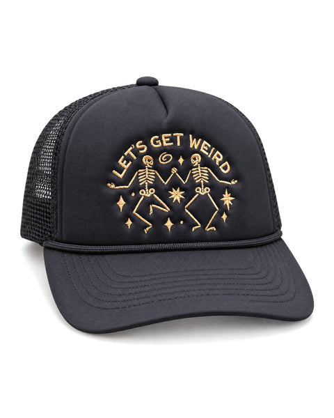 Let's Get Weird Hat, a black foam trucker cap with gold embroidered dancing skeletons and stars, on white.
