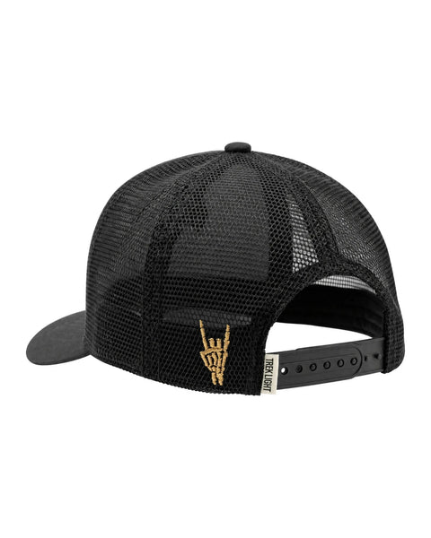 Back view of Let's Get Weird Hat, black foam trucker with adjustable fit and unique design.
