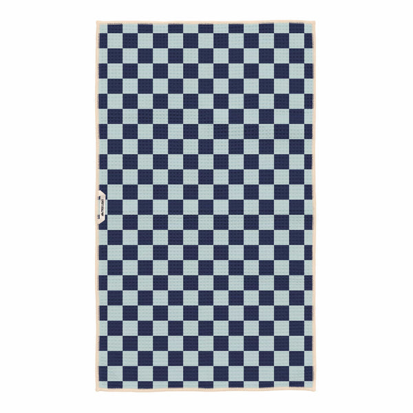 Lucky Stars Kitchen & Tea Towel with checkered design in dark and light blue, eco-friendly, super absorbent, and quick-drying.