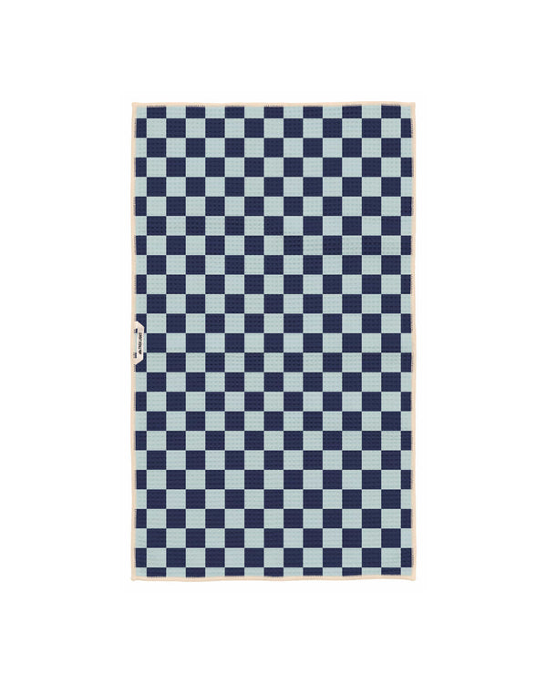 Lucky Stars Kitchen & Tea Towel with checkered design in dark and light blue, eco-friendly, super absorbent, and quick-drying.