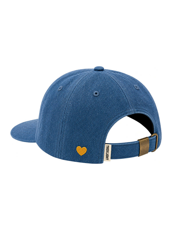 Mama Hat in blue denim with gold heart detail, designed for comfort and style, adjustable fit for everyday wear.