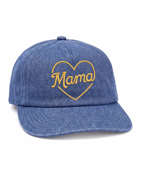 Mama Hat, a blue denim dad hat with yellow embroidered "Mama" in script inside a heart, on white.