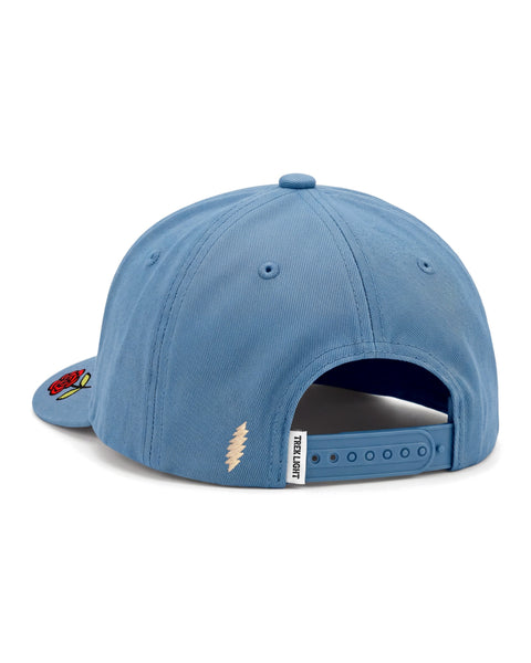 Mama Tried Hat in light blue cotton twill, back view with a red rose embroidered on the brim, a small cream lightning bolt and snapback strap, on white.