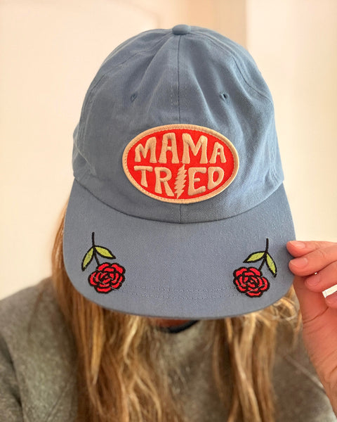 Mama Tried Hat featuring embroidered roses and adjustable fit for all-day comfort.