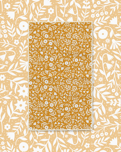 Meadow Kitchen & Tea Towel with a mustard yellow and cream floral and leaf pattern