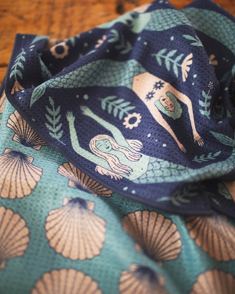 Mermaids Kitchen & Tea Towel with vibrant designs, eco-friendly recycled materials, and super absorbent Grip-Tex™ fabric.