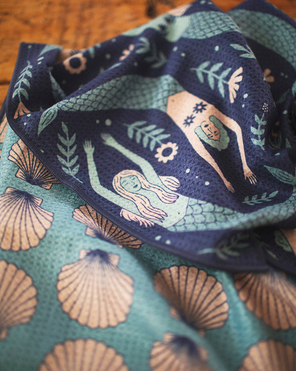 Mermaids Kitchen & Tea Towel with vibrant designs, eco-friendly recycled materials, and super absorbent Grip-Tex™ fabric.
