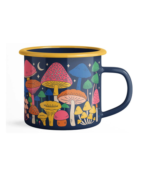 Midnight Mushroom Enamel Mug 16oz with colorful mushroom design, perfect for kitchens and campfires. Vintage style, durable and dishwasher safe.