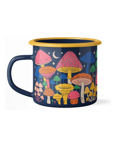 Midnight Mushroom Enamel Mug 16oz with colorful mushroom design, perfect for kitchens and camping, 16oz durable and dishwasher safe
