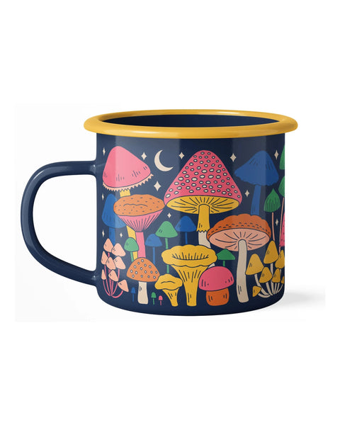 Midnight Mushroom Enamel Mug 16oz with colorful mushroom design, perfect for kitchens and camping, 16oz durable and dishwasher safe