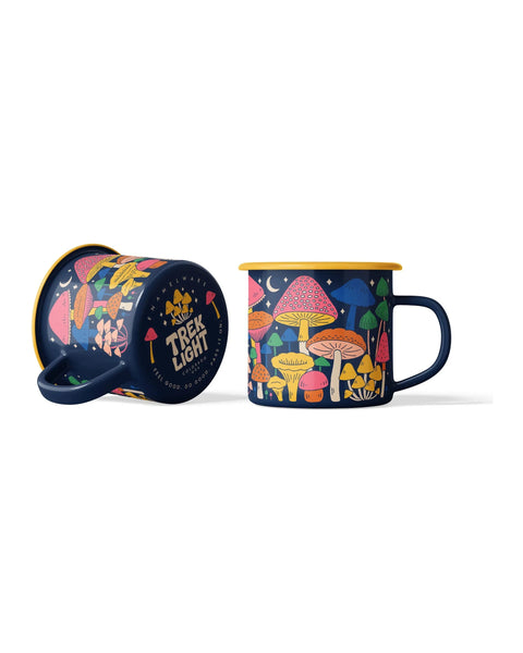 Midnight Mushroom Enamel Mug 16oz, featuring vibrant mushroom design, perfect for camping and cozy mornings. Dishwasher and fire-safe.