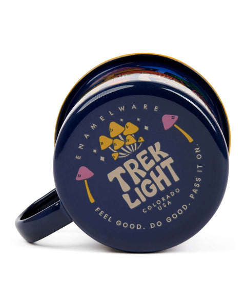 Midnight Mushroom 16oz enamel mug by Trek Light - dark blue with mushroom graphic, perfect for adventures.