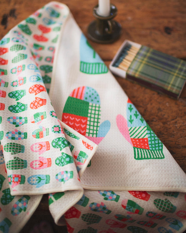 Colorful Mittens Kitchen & Tea Towel with vibrant patterns, made from 100% recycled materials, eco-friendly and quick-drying.