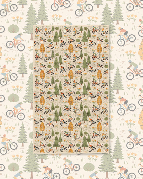 Mountain Biking Kitchen & Tea Towel featuring vibrant bike and nature patterns.
